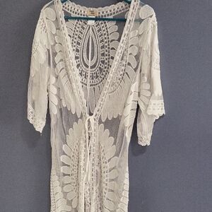 Bohemian Lace Crochet Tie-Front Cover-Up - White